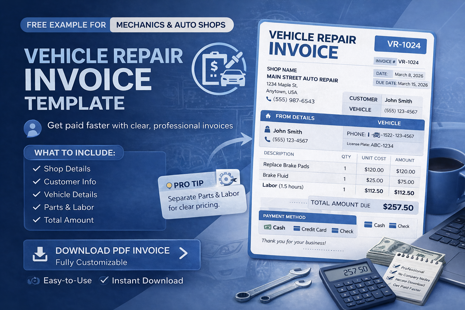 Vehicle Repair Invoice Template (Free Example for Mechanics & Auto Shops)